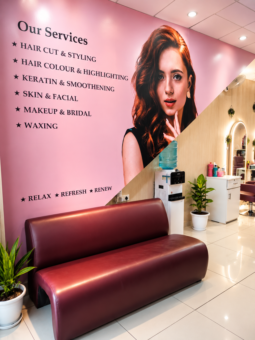 Entrance lounge and waiting area at Gauri Beauty Salon in Zirakpur